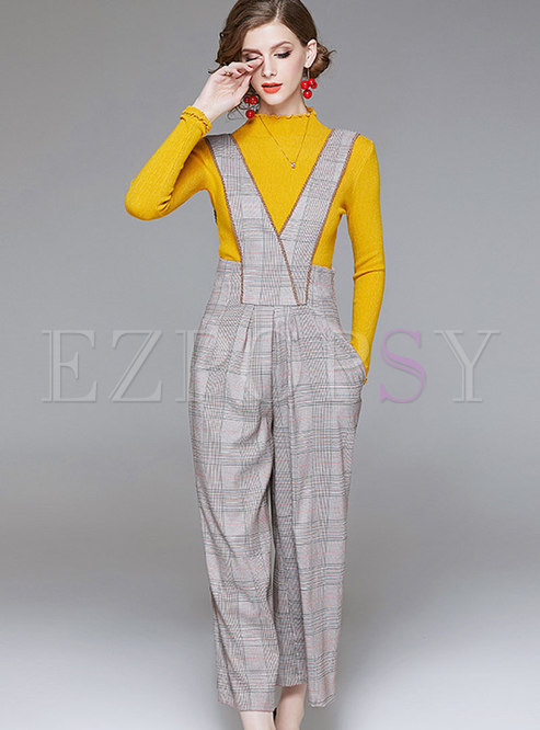 Fashion Yellow Knitting Sweater & Grid Strap Wide-leg Pants
