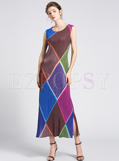 Color-blocked Stereoscopic Print Sleeveless Side-slit Slim Maxi Dress