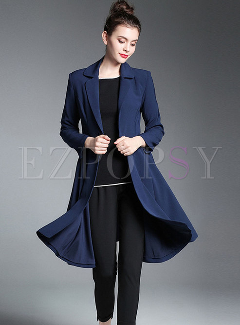 Fashion Blue Turn-down Collar Slim A Line Trench Coat