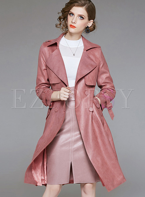 Pure Color Notched Double-breasted Trench Coat