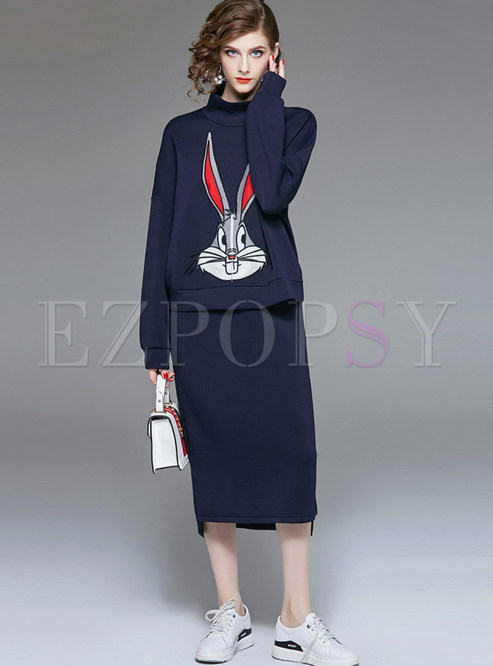 Casual Turtle Neck Rabbit Print Two Piece Outfits