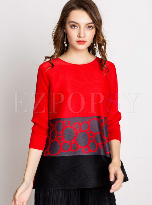 Fashion Red Three Quarters Sleeve Print Plus Size T-Shirt 