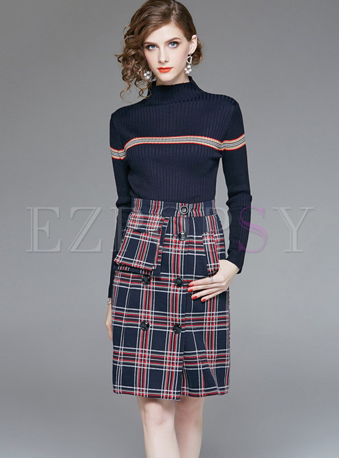 Standing Collar Long Sleeve Sweater & Plaid Slim Skirt