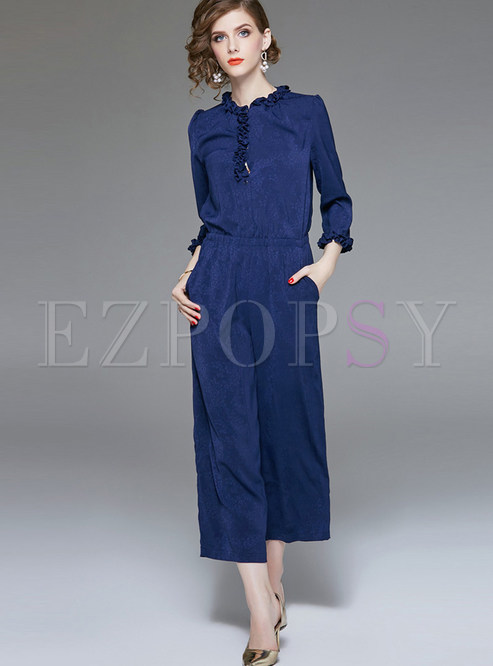 Solid Color Three Quarters Sleeve High Waist Jumpsuits