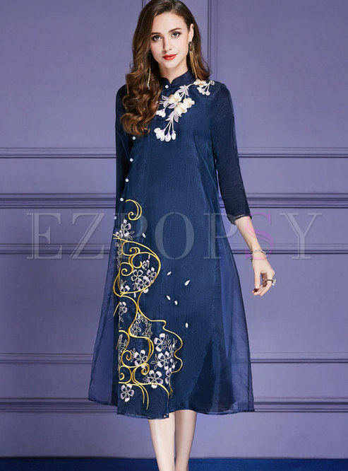 Trendy Blue Mandarin Collar Slim Embroidered Skater Dress