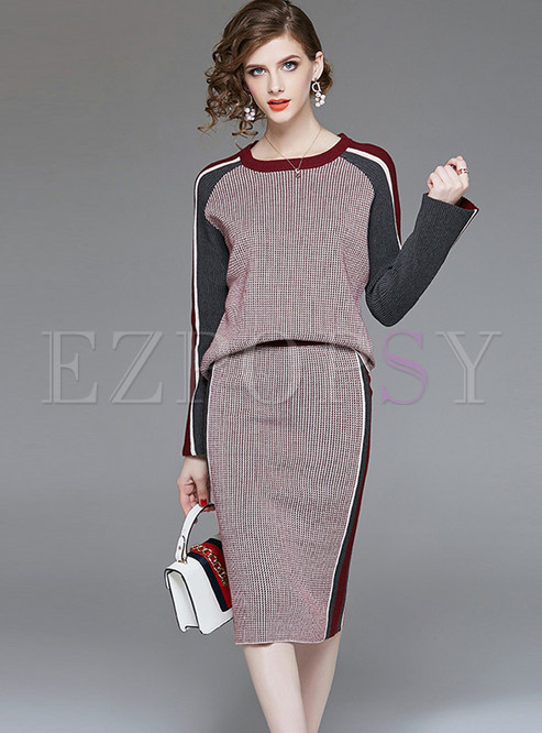 Casual O-neck Knitted High Waist Two Piece Outfits