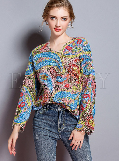 Autumn Multicolor V-neck Hollow Out Knitted Top