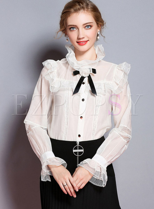 Chic Tie-neck Bowknot Lace Hollow Out Blouse