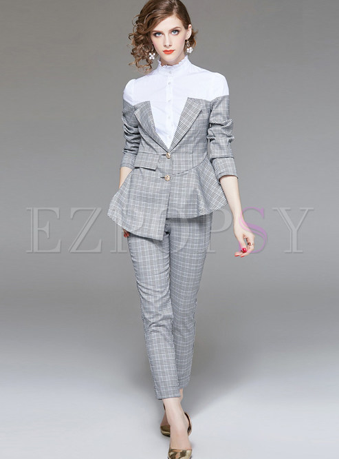 Standing Collar Splicing Plaid Two Piece Outfits