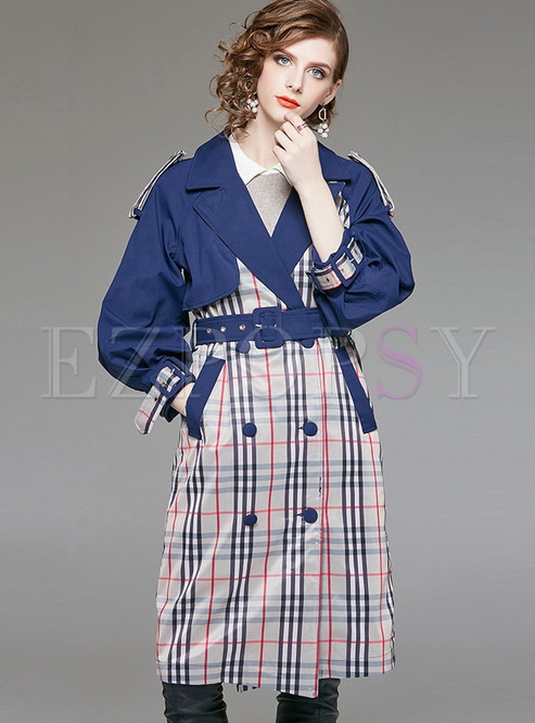 Trendy Notched Plaid Stitching Double-breasted Trench Coat