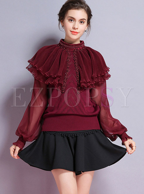 Tops | Sweaters | Trendy Wine Red Lantern Sleeve Beaded Mesh Cloak Sweater