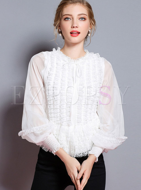 Tops | Sweaters | Stylish White Lantern Sleeve Lace Tiered Knitted Sweater