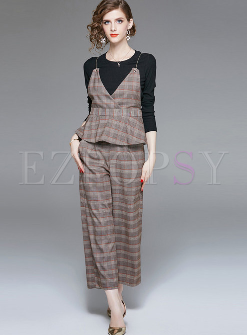 Trendy O-neck Long Sleeve Plaid Two Piece Outfits