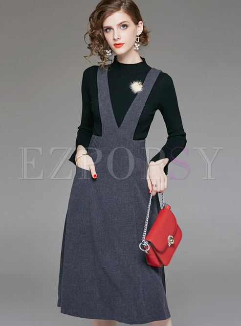 Standing Collar Long Sleeve Sweater & Strap Skirt
