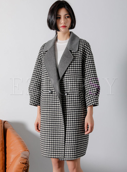 Fashionable Grid Puff Sleeve Slim Coat