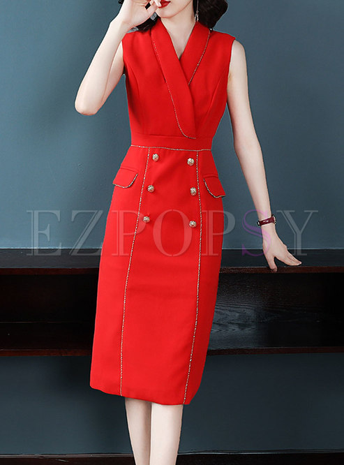 Elegant Turn-down Collar Sleeveless Wrap Bodycon Midi Dress