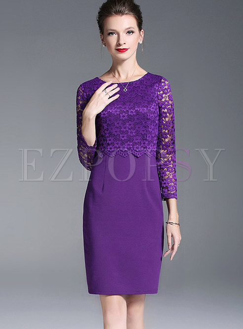 Dresses | Bodycon Dresses | Pure Color O-neck Lace Stitching Sheath ...