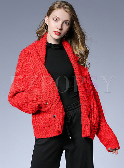Autumn Stylish Red Plus Size Knitted Sweater Tunic 