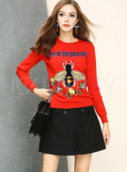 Mock Neck Long Waist Embroidered Sweater