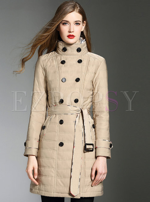 Stylish Stand Collar Double-breasted Belted Slim Thick Coat