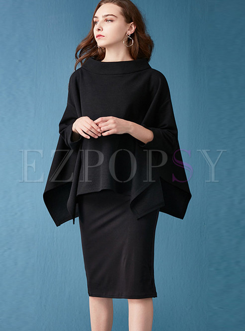 Standing Collar Bat Sleeve Top & O-neck Slit Dress