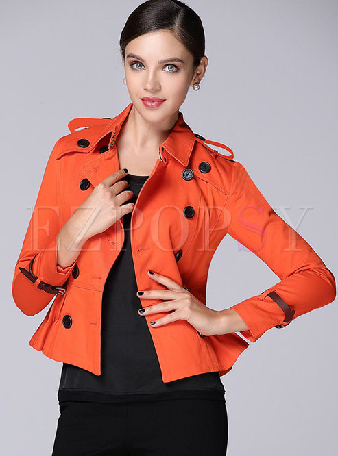 Chic Solid Color Double-breasted Belted Falbala Short Trench Coat