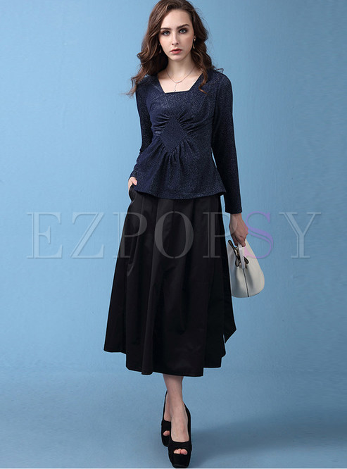 Square Neck Long Sleeve Tie-waist Two Piece Outfits