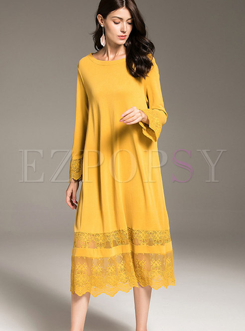 Yellow Elegant Lace-paneled Flare Sleeve Midi Dress