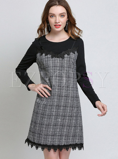 Trendy Stitching Plus Size Lace Trim Zippered Dress