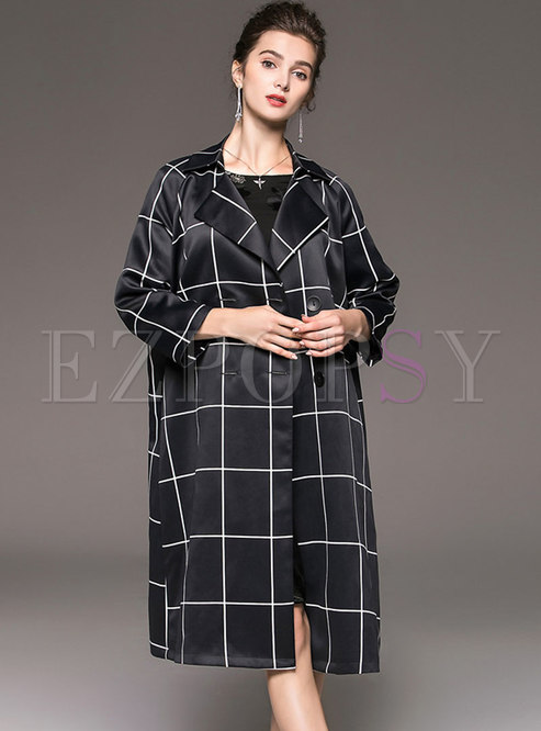 Trendy Notched Slim All Matched Grid Trench Coat 