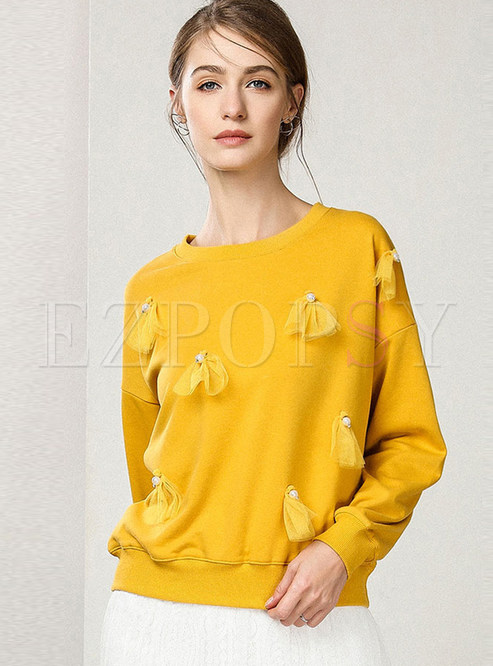Casual Pure Color Beaded Tassel Pullover Slim Sweatshirt