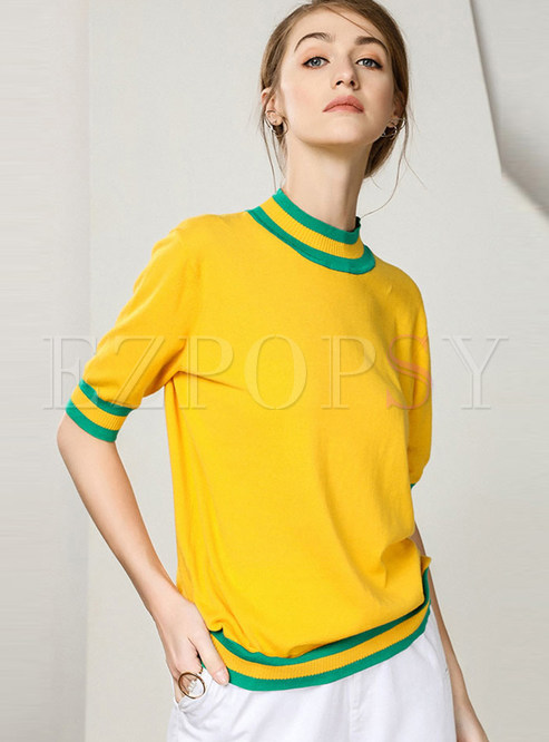 Casual Standing Collar Half Sleeve Color-blocked Sweater