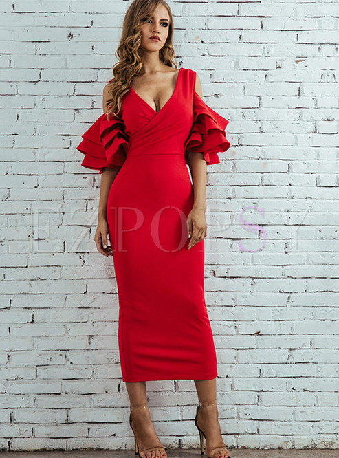 Pure Color Deep V-neck Multi-layer Ruffled Sleeve Dress