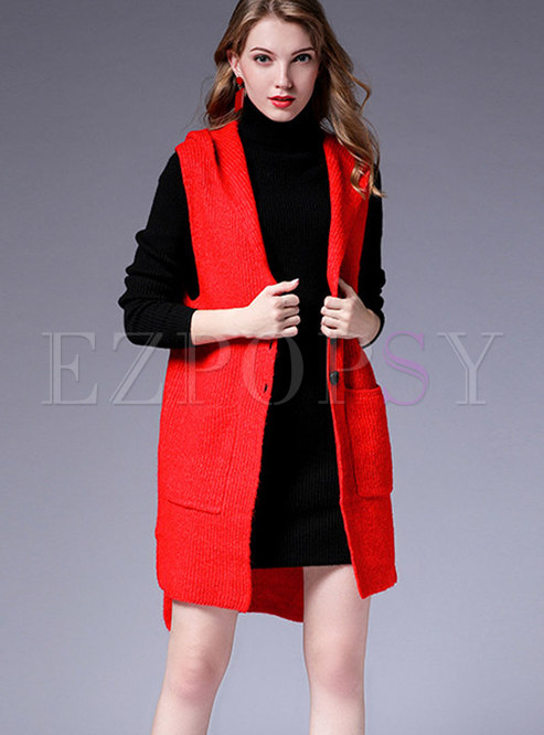 Trendy Red Hooded Sleeveless Single-breasted Vest 