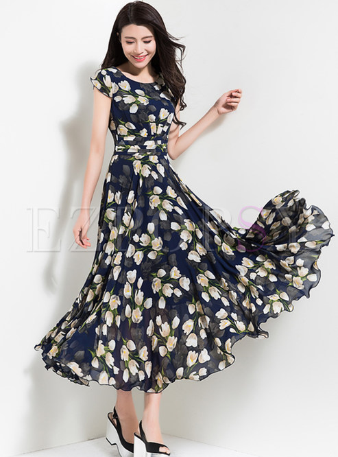 Dresses | Maxi Dresses | Crew Neck Print High Waisted Maxi Dress
