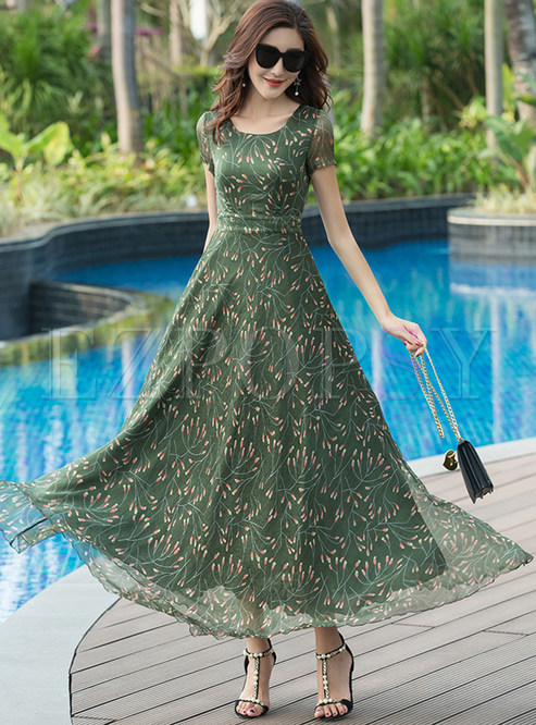 Dresses | Maxi Dresses | Green Floral Print Big Hem Maxi Dress