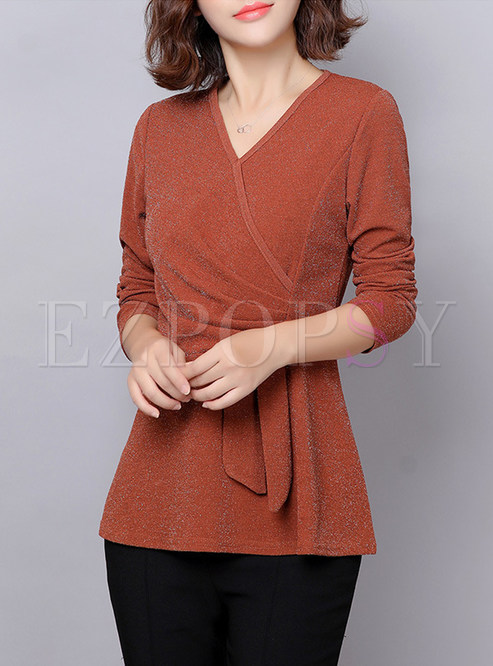 Solid Color Waist Falbala Easy-matching Blouse