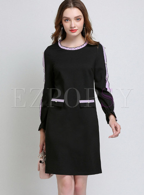 Elegant Black Flare Cuffs Zippered Skinny Oversized Dress