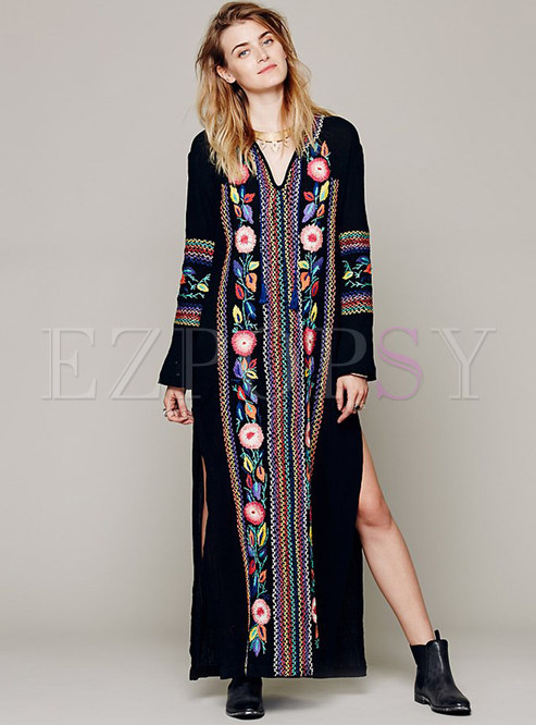 Dresses | Maxi Dresses | Bohemia Embroidery V-neck Split Maxi Dress