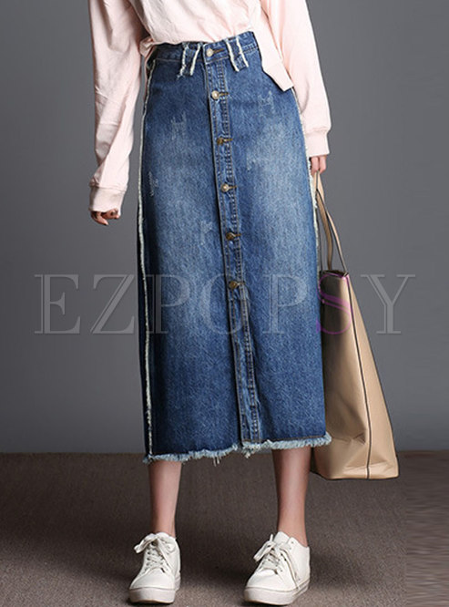 Skirts | Skirts | Chic Denim Tassel Patch Single-breasted A Line Skirt