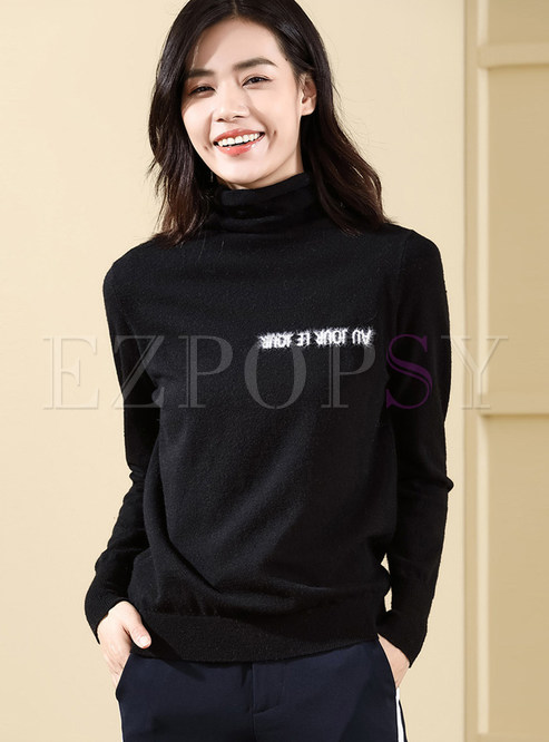 Color-blocked Letter Print Loose High Neck Sweater