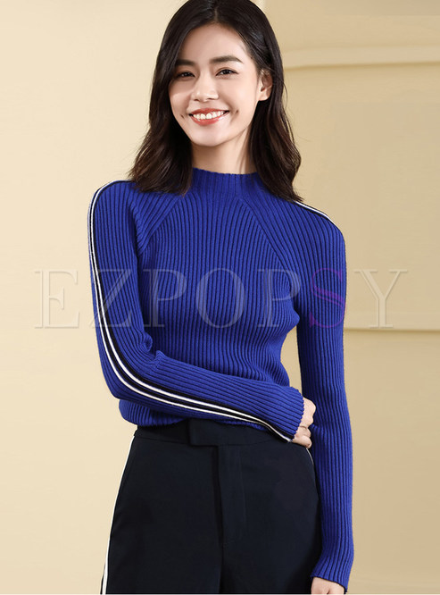 Color-blocked Long Sleeve Stitching Slim Sweater