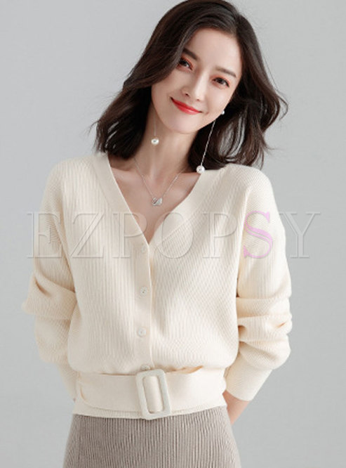 Solid Color V-neck Cropped Sweater