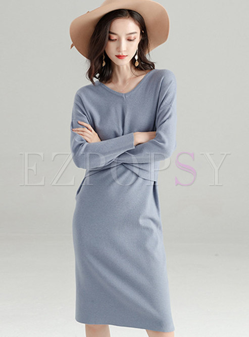 Stylish Monochrome V-neck Long Sleeve Knitting Dress