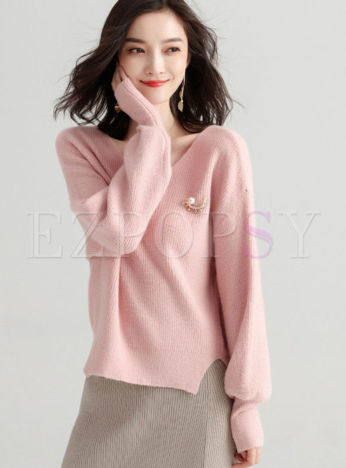 Casual Pink V-neck Loose Knitted Sweater