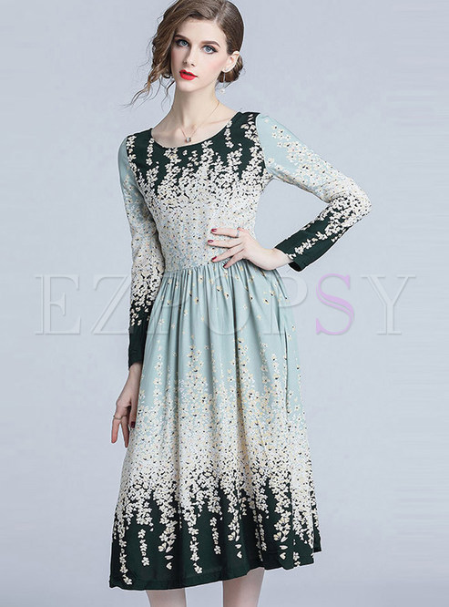 Long Sleeve Floral Gradient Color Waist Dress