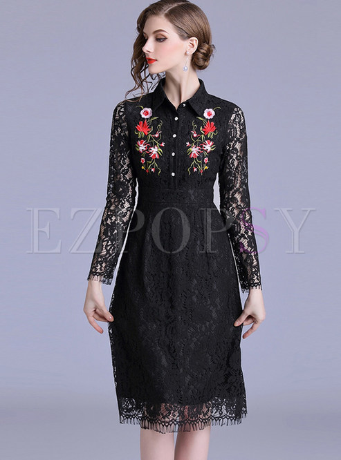Black Lapel Single-breasted Embroidered Lace Dress
