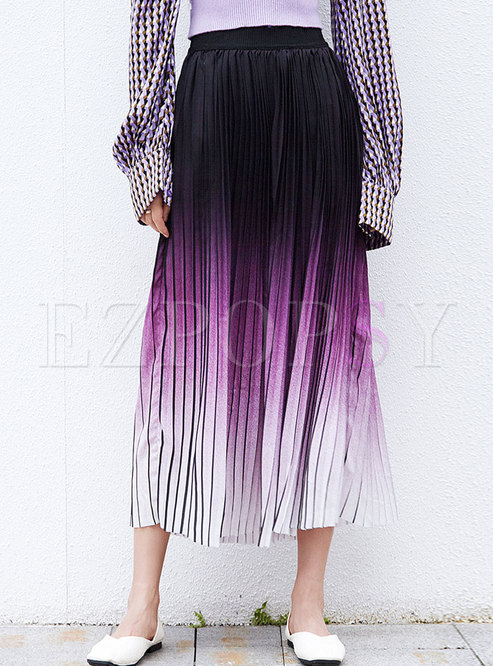 Color-blocked Elastic Waist Long Pleated Skirt