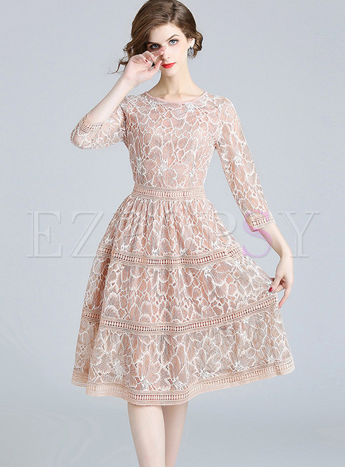 Party O-neck Hollow Out Lace Skater Dress