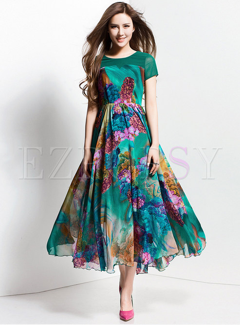 Dresses | Maxi Dresses | Boho Short Sleeve Printed Beach Long Dress